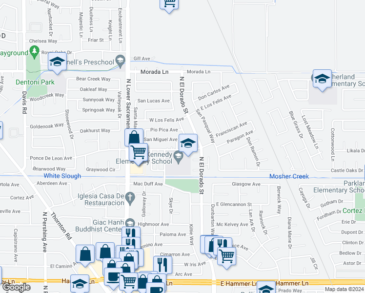 map of restaurants, bars, coffee shops, grocery stores, and more near 623 Ponce De Leon Avenue in Stockton