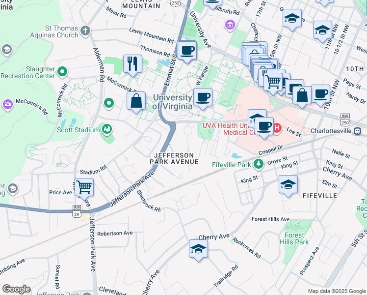 map of restaurants, bars, coffee shops, grocery stores, and more near 6 Gildersleeve Wood in Charlottesville