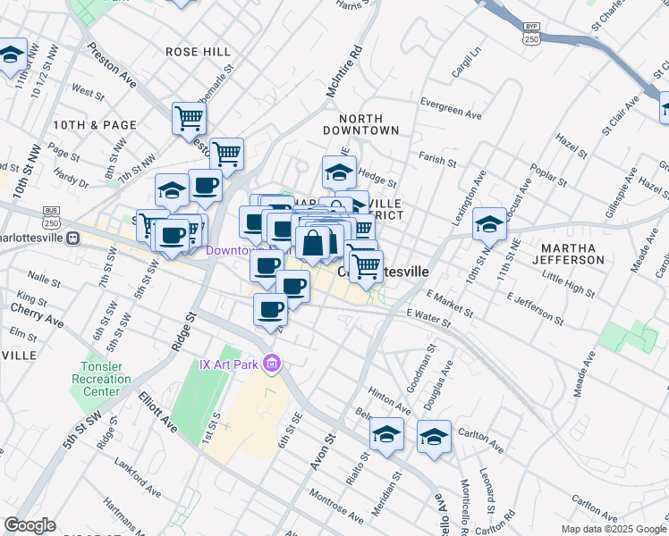 map of restaurants, bars, coffee shops, grocery stores, and more near 206 East Market Street in Charlottesville