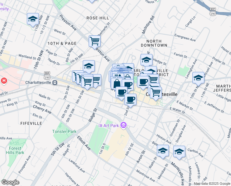 map of restaurants, bars, coffee shops, grocery stores, and more near 218-220 East Main Street in Charlottesville