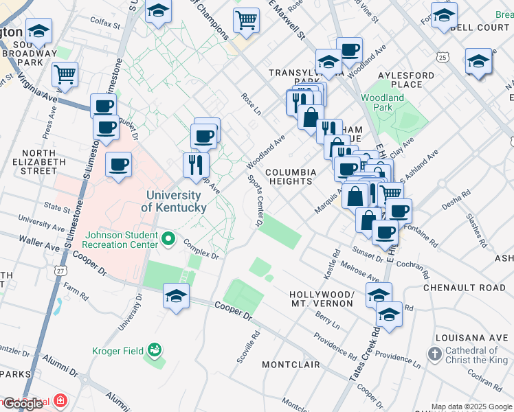 map of restaurants, bars, coffee shops, grocery stores, and more near 685 Sports Center Drive in Lexington