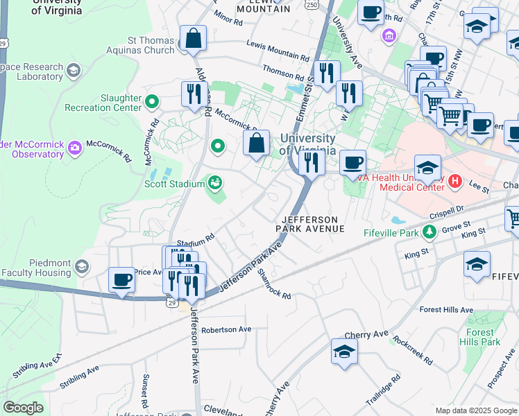map of restaurants, bars, coffee shops, grocery stores, and more near 315 Montebello Circle in Charlottesville