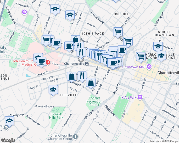 map of restaurants, bars, coffee shops, grocery stores, and more near 765 Walker Square in Charlottesville