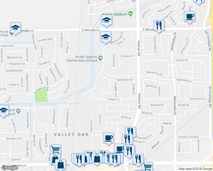 map of restaurants, bars, coffee shops, grocery stores, and more near 3107 Mount Hoffman Court in Stockton