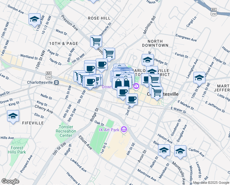 map of restaurants, bars, coffee shops, grocery stores, and more near 218 West Water Street in Charlottesville