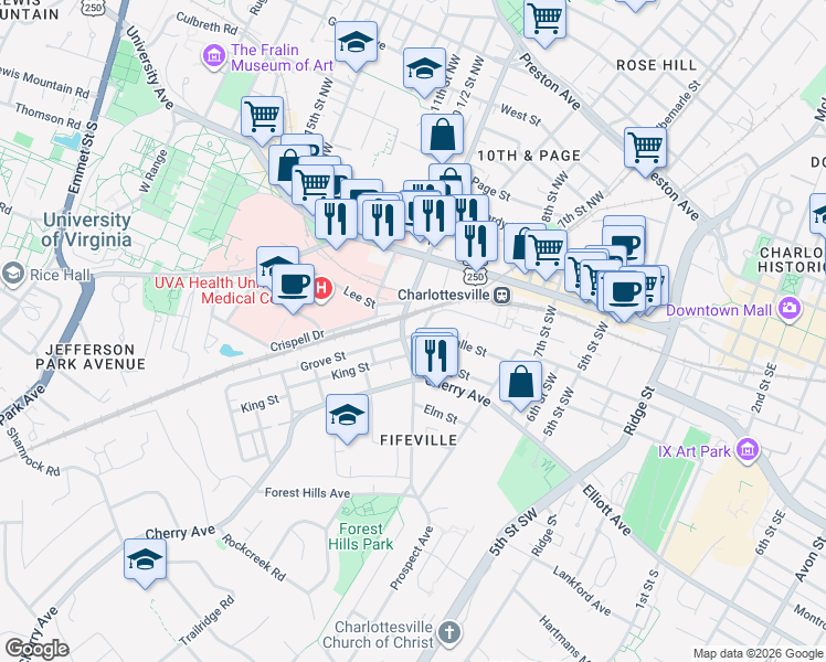 map of restaurants, bars, coffee shops, grocery stores, and more near 221 9th Street Southwest in Charlottesville
