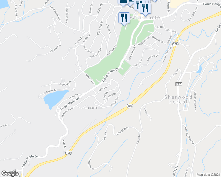 map of restaurants, bars, coffee shops, grocery stores, and more near 22496 Lilac Lane in Twain Harte