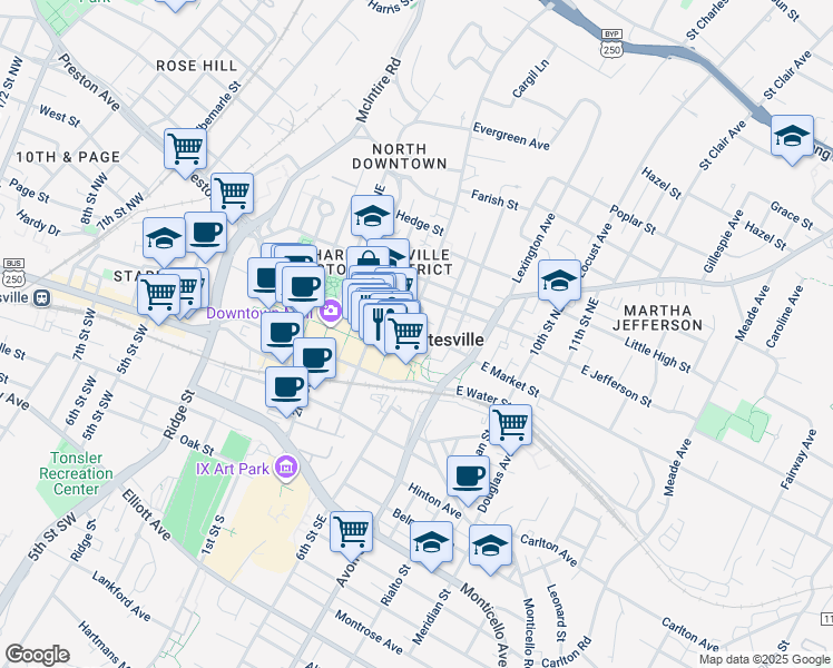 map of restaurants, bars, coffee shops, grocery stores, and more near 609 East Market Street in Charlottesville