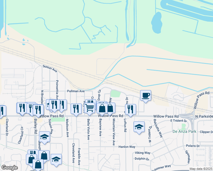 map of restaurants, bars, coffee shops, grocery stores, and more near 2167 Rain Drop Circle in Pittsburg