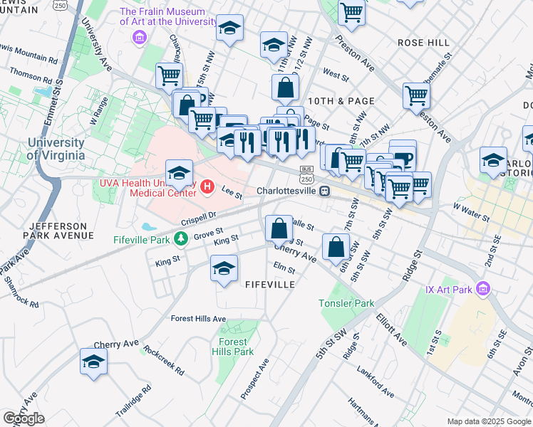 map of restaurants, bars, coffee shops, grocery stores, and more near 903 Grove Street in Charlottesville