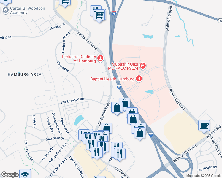 map of restaurants, bars, coffee shops, grocery stores, and more near Sir Barton Way in Lexington