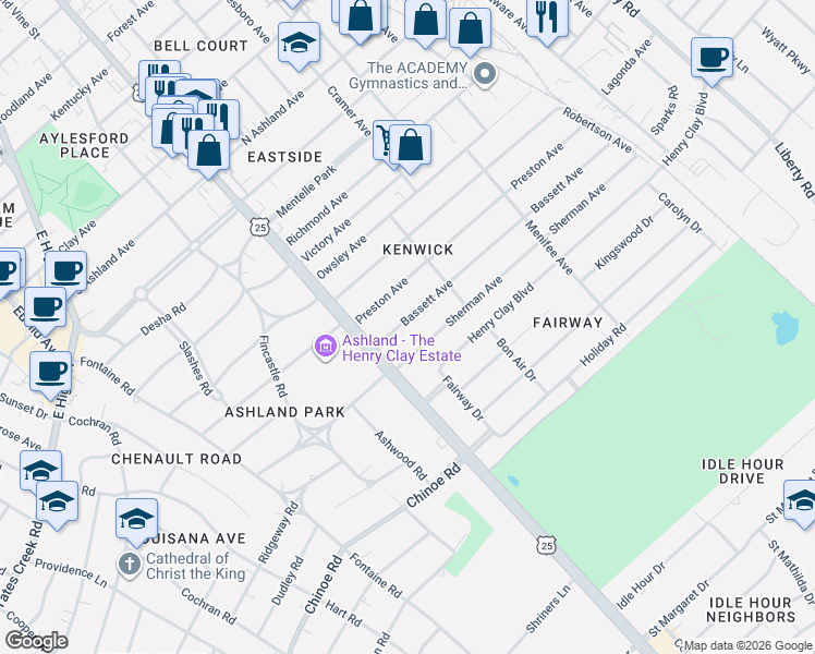 map of restaurants, bars, coffee shops, grocery stores, and more near 137 Bassett Avenue in Lexington