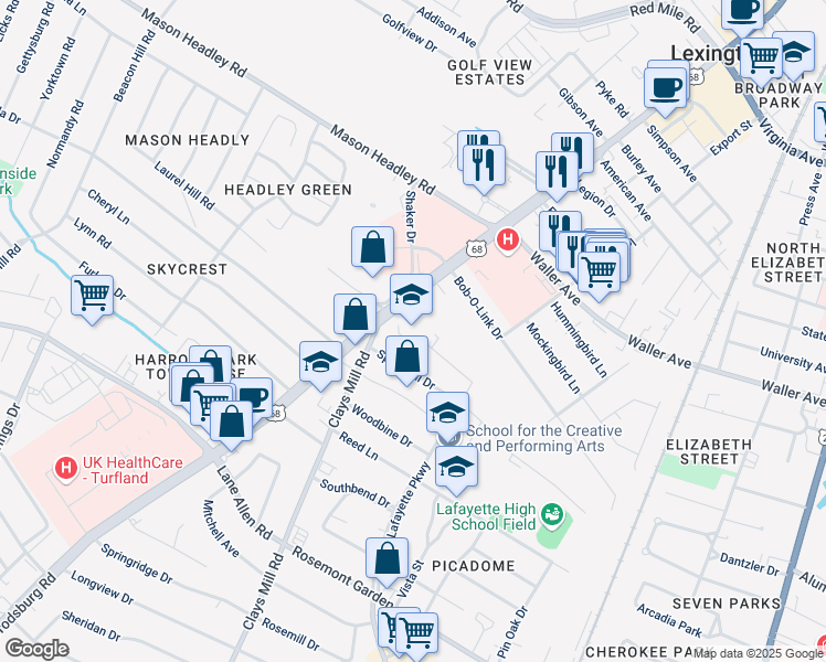 map of restaurants, bars, coffee shops, grocery stores, and more near 1642 Harrodsburg Road in Lexington