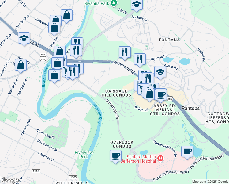 map of restaurants, bars, coffee shops, grocery stores, and more near 935 Dorchester Place in Charlottesville