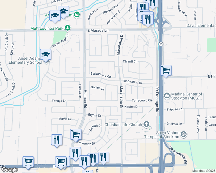map of restaurants, bars, coffee shops, grocery stores, and more near 8921 Bergamo Circle in Stockton