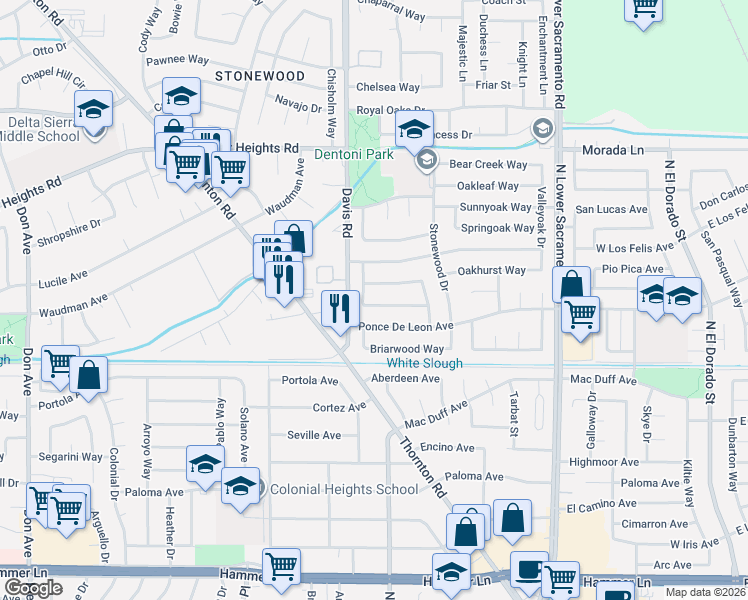 map of restaurants, bars, coffee shops, grocery stores, and more near 1415 Candlewood Way in Stockton