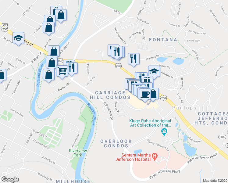map of restaurants, bars, coffee shops, grocery stores, and more near 945 Dorchester Place in Charlottesville