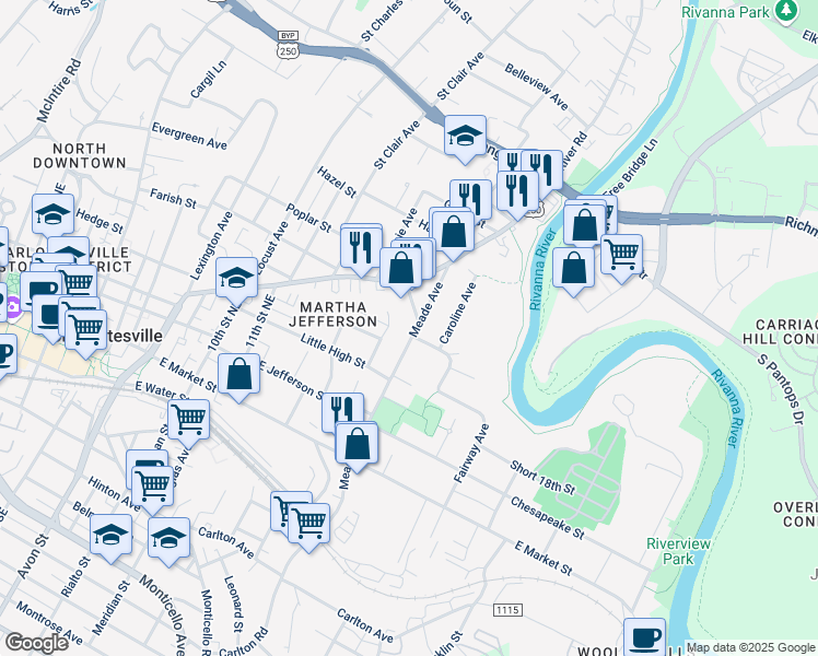map of restaurants, bars, coffee shops, grocery stores, and more near 509 Stewart Street in Charlottesville