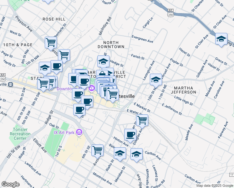 map of restaurants, bars, coffee shops, grocery stores, and more near 222 6th Street Northeast in Charlottesville