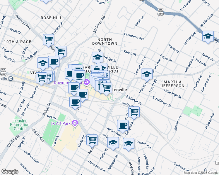 map of restaurants, bars, coffee shops, grocery stores, and more near 222 6th Street Northeast in Charlottesville