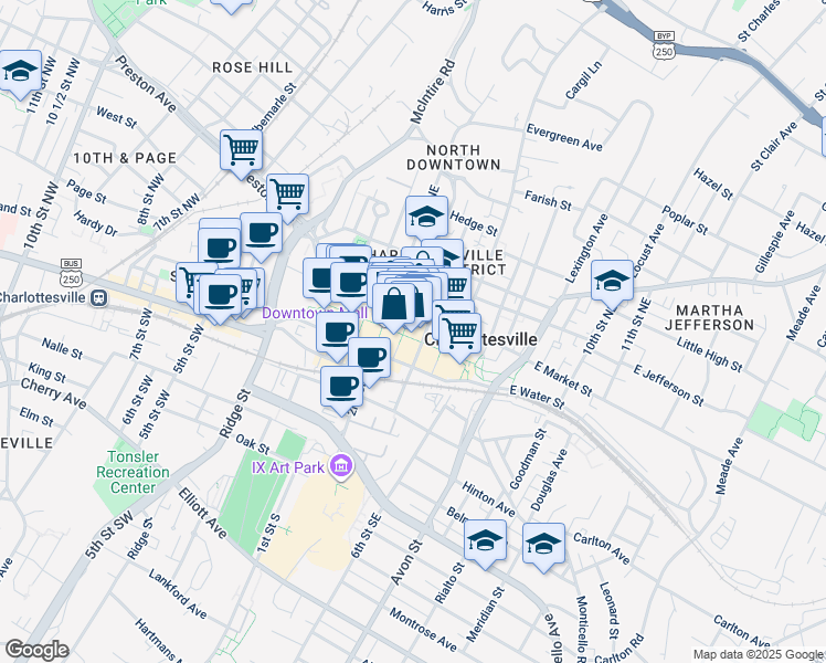 map of restaurants, bars, coffee shops, grocery stores, and more near 206 East Market Street in Charlottesville
