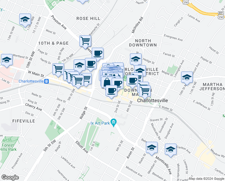 map of restaurants, bars, coffee shops, grocery stores, and more near 218-220 East Main Street in Charlottesville