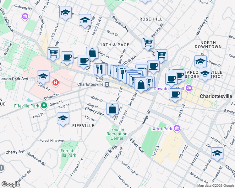 map of restaurants, bars, coffee shops, grocery stores, and more near in Charlottesville