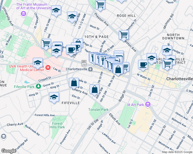 map of restaurants, bars, coffee shops, grocery stores, and more near in Charlottesville