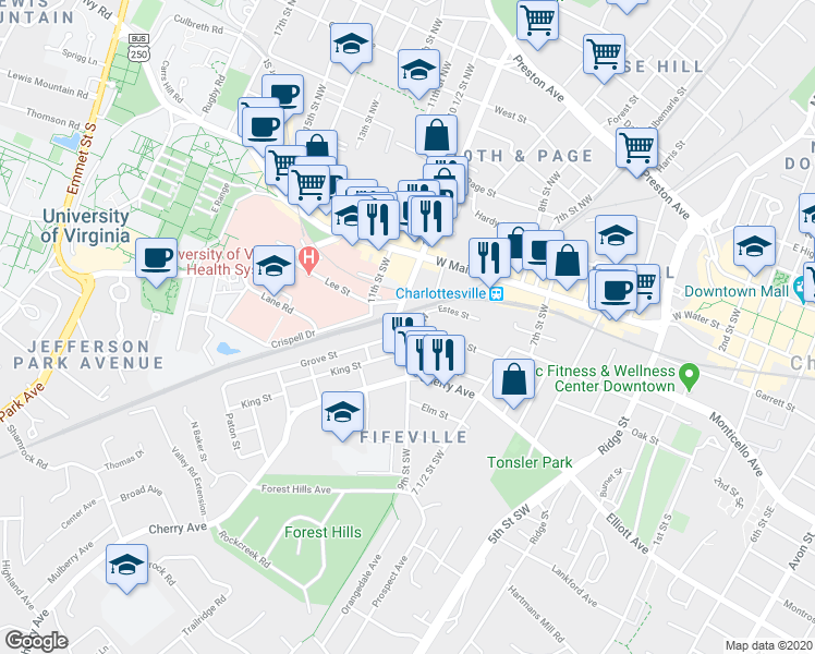 map of restaurants, bars, coffee shops, grocery stores, and more near 221 9th Street Southwest in Charlottesville