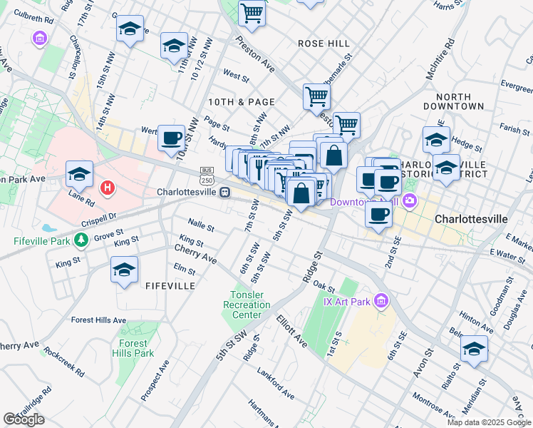 map of restaurants, bars, coffee shops, grocery stores, and more near 616 U.S. 250 Business in Charlottesville