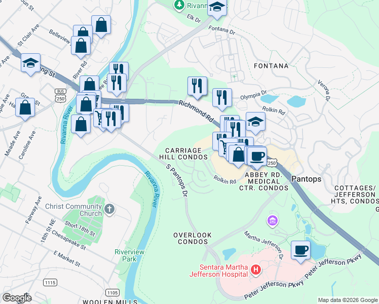 map of restaurants, bars, coffee shops, grocery stores, and more near 945 Dorchester Place in Charlottesville