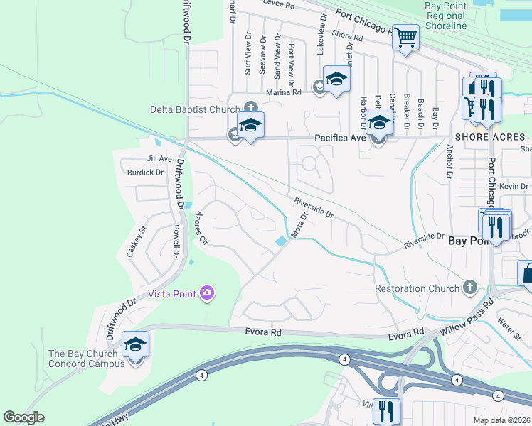 map of restaurants, bars, coffee shops, grocery stores, and more near 251 Riverside Drive in Bay Point