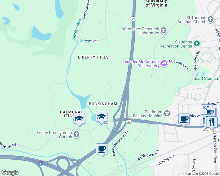 map of restaurants, bars, coffee shops, grocery stores, and more near 125 Buckingham Circle in Charlottesville