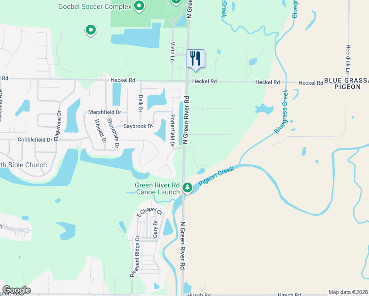 map of restaurants, bars, coffee shops, grocery stores, and more near 5868 North Green River Road in Evansville