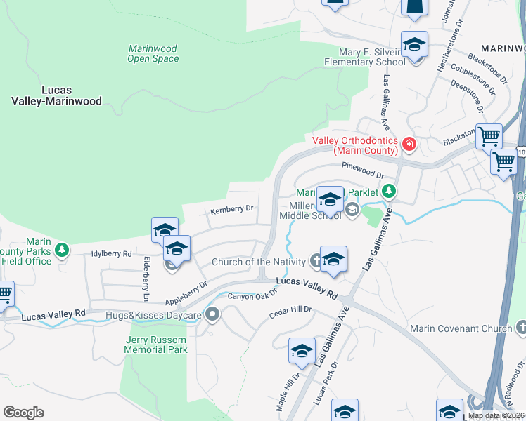 map of restaurants, bars, coffee shops, grocery stores, and more near 2212 Juniperberry Drive in San Rafael