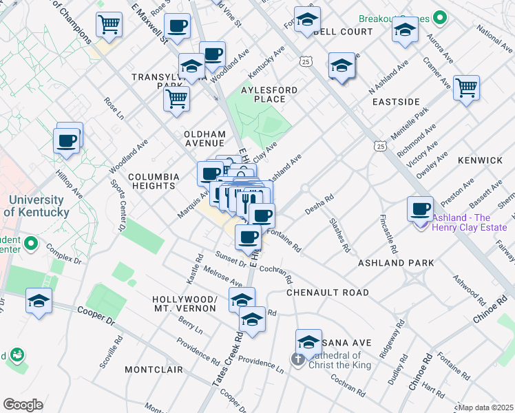 map of restaurants, bars, coffee shops, grocery stores, and more near 307 South Ashland Avenue in Lexington