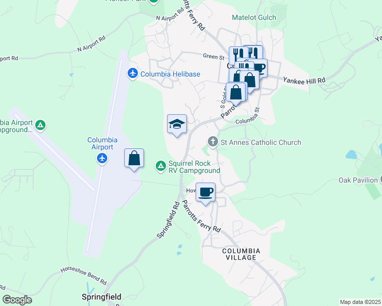 map of restaurants, bars, coffee shops, grocery stores, and more near 22540 Parrotts Ferry Road in Columbia