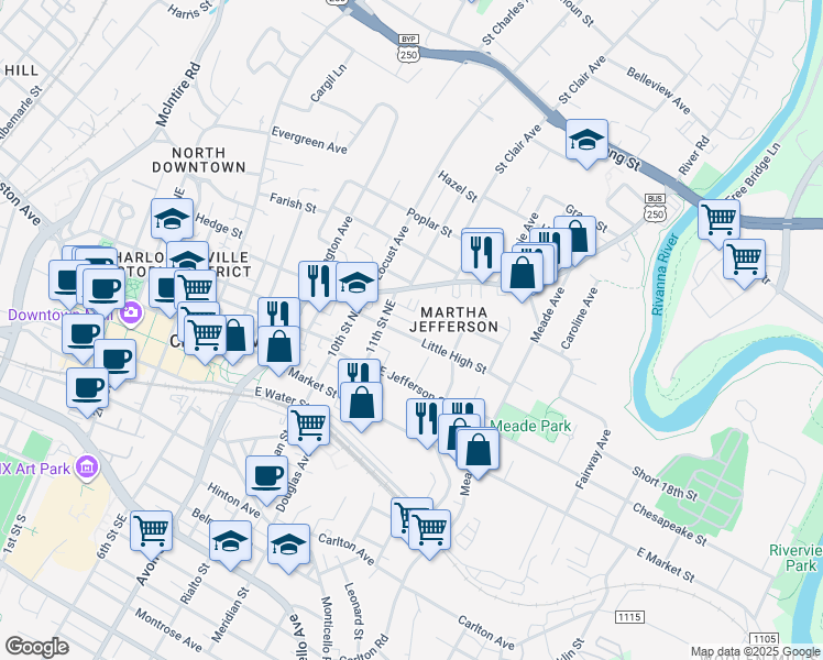 map of restaurants, bars, coffee shops, grocery stores, and more near 1111-13 Little High Street in Charlottesville