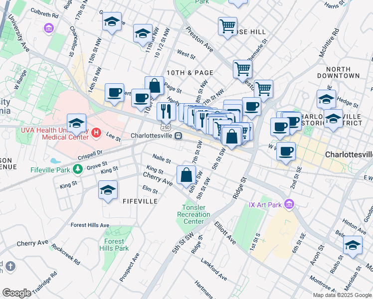 map of restaurants, bars, coffee shops, grocery stores, and more near in Charlottesville