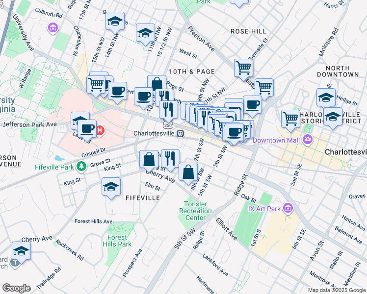 map of restaurants, bars, coffee shops, grocery stores, and more near 765 Walker Square in Charlottesville