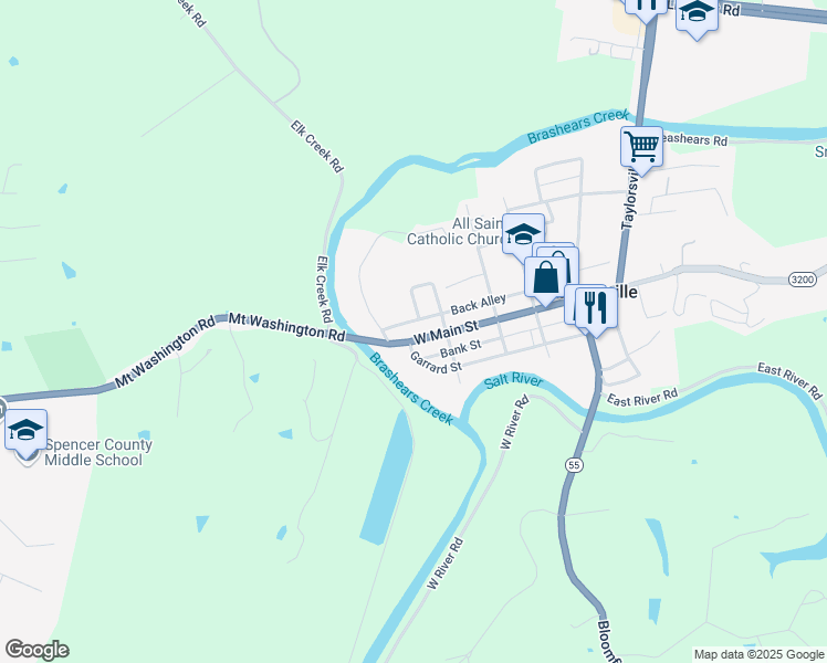 map of restaurants, bars, coffee shops, grocery stores, and more near 260 Back Alley in Taylorsville