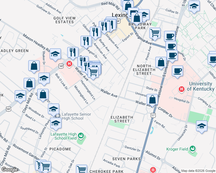 map of restaurants, bars, coffee shops, grocery stores, and more near 1322 Camden Avenue in Lexington