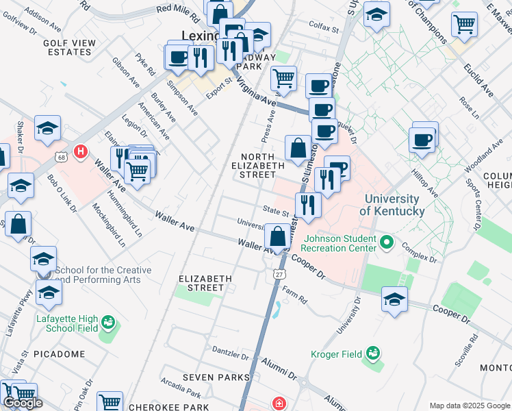 map of restaurants, bars, coffee shops, grocery stores, and more near State Street in Lexington