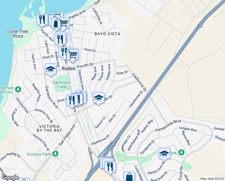 map of restaurants, bars, coffee shops, grocery stores, and more near 1316 Seventh Street in Rodeo