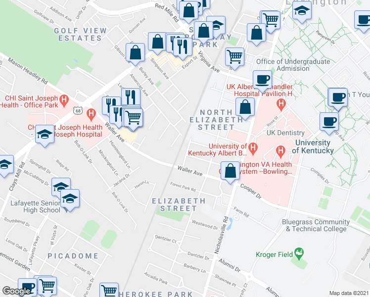 map of restaurants, bars, coffee shops, grocery stores, and more near 1109 Crescent Avenue in Lexington
