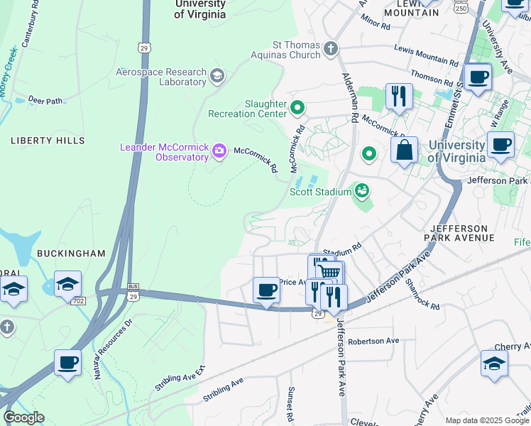 map of restaurants, bars, coffee shops, grocery stores, and more near Hereford Drive in Charlottesville