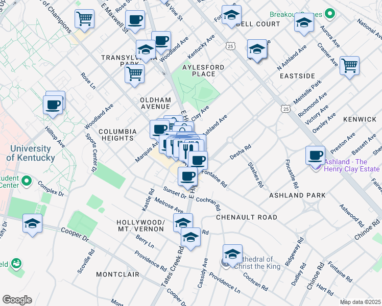 map of restaurants, bars, coffee shops, grocery stores, and more near 307 South Ashland Avenue in Lexington