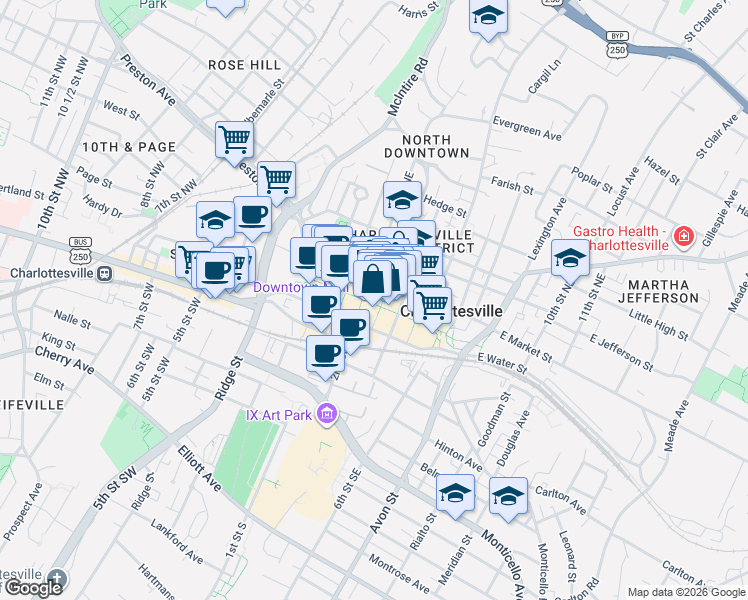 map of restaurants, bars, coffee shops, grocery stores, and more near 215 East Main Street in Charlottesville