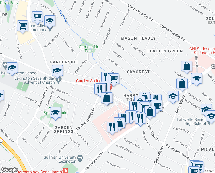 map of restaurants, bars, coffee shops, grocery stores, and more near 841 Lane Allen Road in Lexington