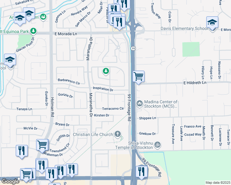 map of restaurants, bars, coffee shops, grocery stores, and more near 8910 Terracorvo Circle in Stockton